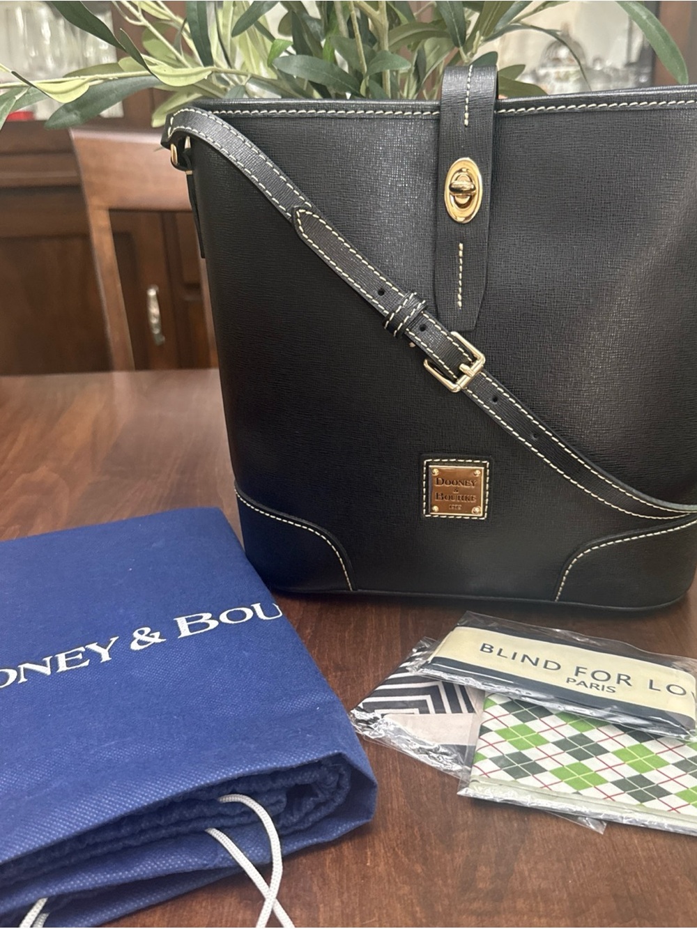 Dooney & Bourke Black Leather Messenger Bag with Gold Hardware
